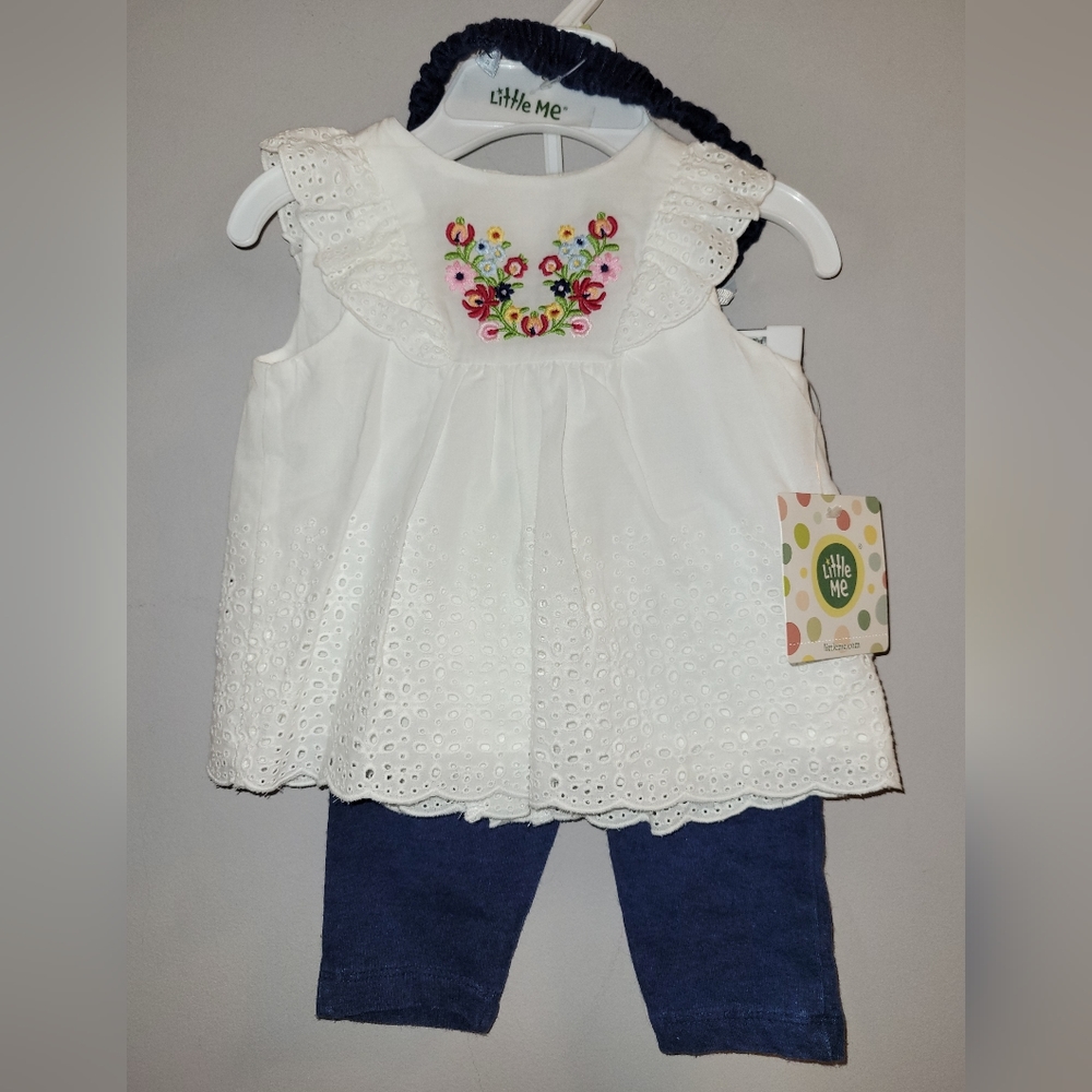 🆕️ Little Me 3 Pc Baby Outfit White Eyelet Swing Top Blue Leggings Headband 0-3